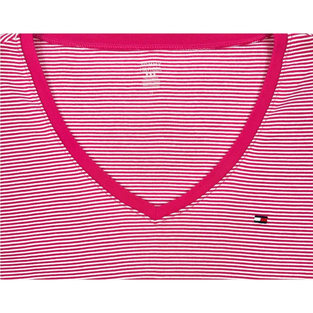 Tommy Hilfiger Top Womens Medium Pink White Striped Long Sleeve V-Neck Tee - Picture 2 of 6